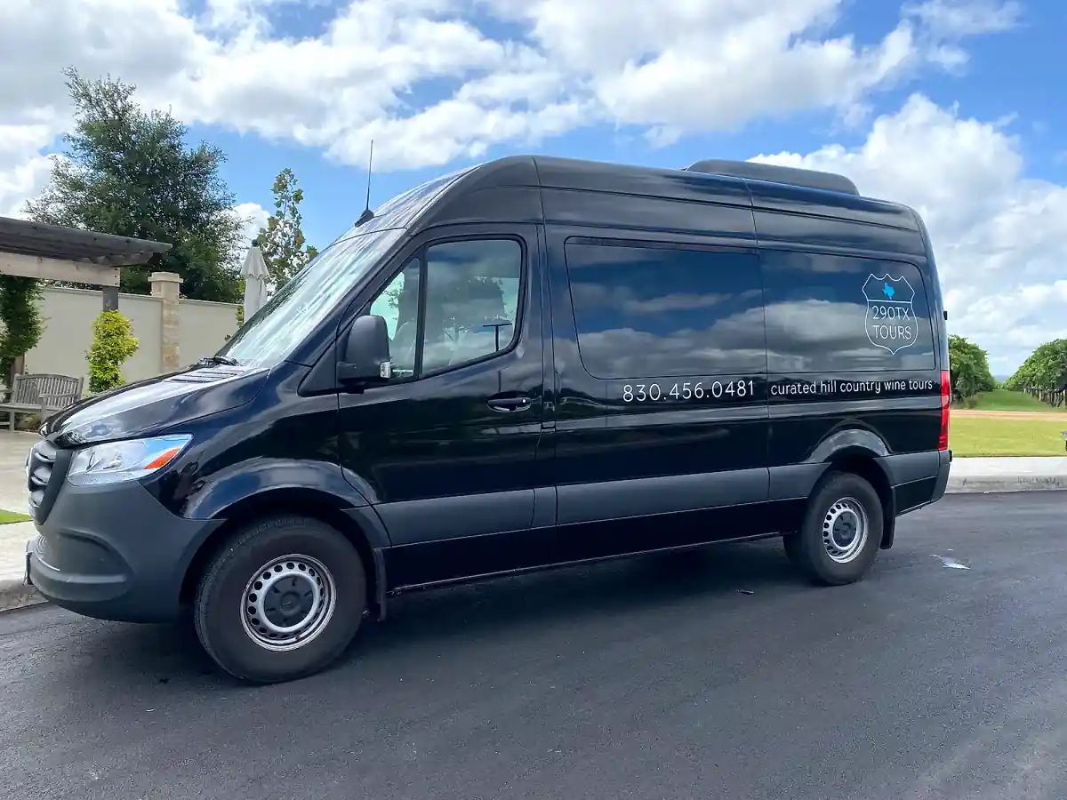 290TX Tours luxury Mercedes Sprinter parked outside a Hill Country winery